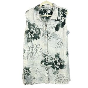 Dolcezza Simply Art 100% Linen Floral Sleeveless Button Down Tunic Vest Large